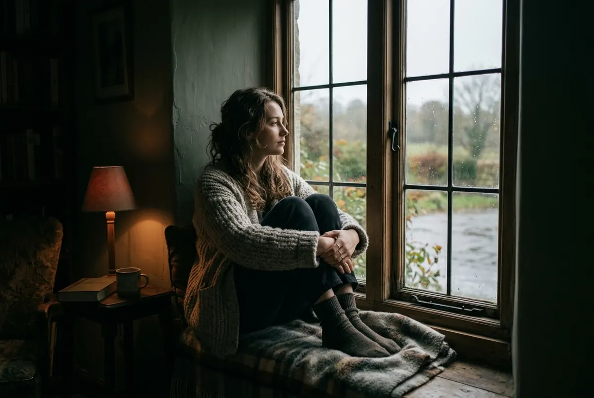 A woman sitting alone by a window in soft lamplight