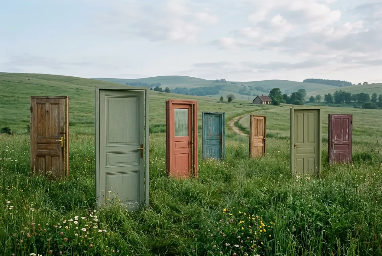 Freestanding doors in muted wood, sage, and terracotta standing open in a green meadow under soft morning light